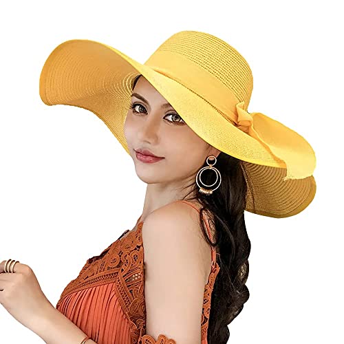 Chapeau de paille pour femme - Grand nœud - Pliable - Enrouleur - UPF 50+, Huangse, L Cover