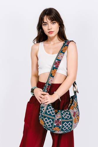Image of Hobo Crossbody Bag for Women - Handmade Cotton Boho Purse with Wooden Ring | Lightweight Slouchy Shoulder Sling Tote Bag