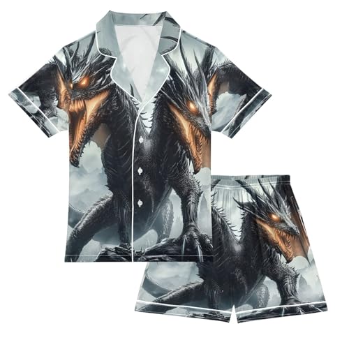 ALAZA Black Dragon Animal Satin Pajamas Set Short Sleeve Button Down Sleepwear Summer Pjs 2 Piece
