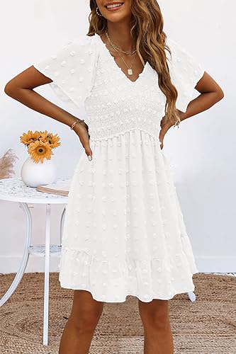 TECREW Womens Smocked Short Sleeve V Neck Mini Dress Summer Swiss Dot Flowy Short Dress2