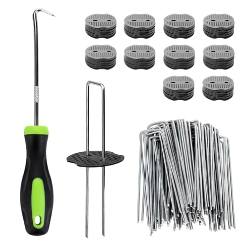 MEETOZ 100 clavijas de membrana de control de malezas + 100 arandelas amortiguadoras, clavijas de estera de malezas de 15 cm, grapas de metal para jardín y paisaje, alfileres de césped artificial