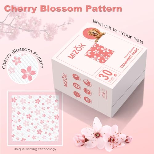 Image of MIZOK 36x36 Puppy Pads Pink, Dog Pee Pads Leak-Proof with Quick-Dry Surface, Dog Pads Extra Large with Cherry Blossom Prints, Pee Pads for Dogs Super Absorbent (30 Count)