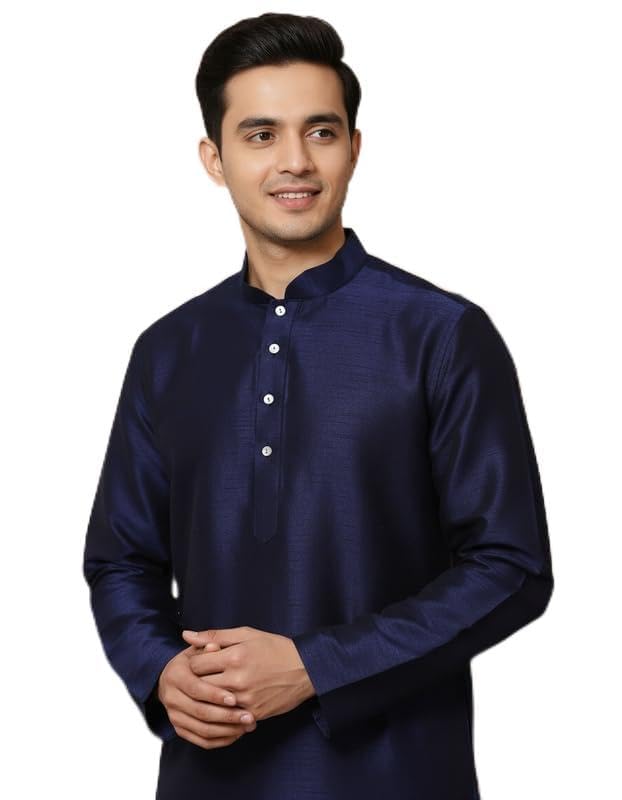 Kurta bleu pour homme en mélange de coton KISAH coupe régulière