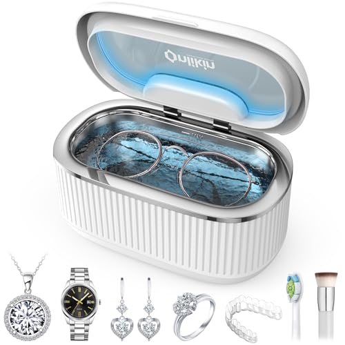 Onlikin 35W Ultrasonic Jewelry Cleaner, 45KHz Retainer Cleaner for Jewelry, 5 Timer & 3 Power Modes, Eyeglasses, Rings, Watch Strap, Dentures - 20oz, 304 Stainless Steel Tank, Quiet <38dB (White)