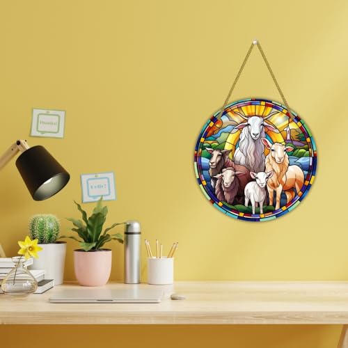 Image of Printality Stained Glass Style Christian Wall Hanging | Round MDF Plaque with Glossy Finish & Golden Zardosi String | Religious Wall Art | Jesus, Mary & Angels Design | Faith Home Decor (Design 1)