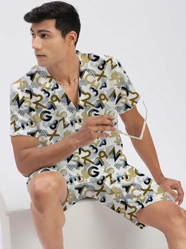 Image of Amazon Brand - Anarva Mens Camouflage Printed Co-ord Set | Half Sleeve Shirt and Shorts Set | Casual Summer Outfit for Beach, Travel, Vacation -