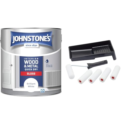 Johnstone's - Quick Dry Gloss - Brilliant White - Gloss Finish - Water Based & Fit For The Job 7 pc Foam Mini Paint Roller Set for Painting with Gloss & Satin