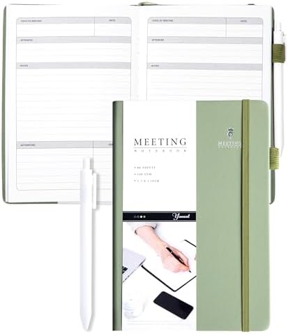 Yoment Meeting Notebook for Work with Action Items Hardcover Leather 5.5X 8.5 Office Project Planner for Women Men Meeting Notes Notebooks for Work, Green