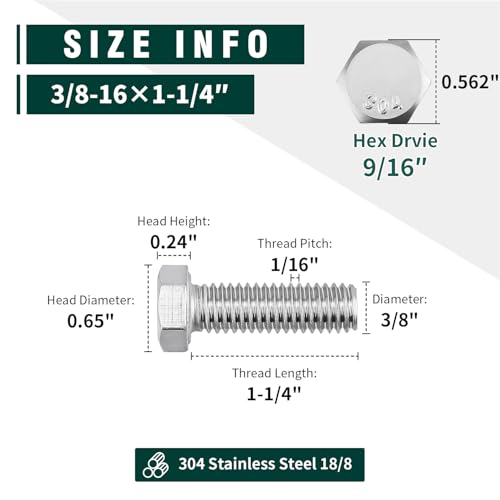 Image of (8 Sets) 3 /8-16 x 1-1 /4 inch Hex Bolt and Nut Kit, 304 Stainless Steel (18-8), Fully Threaded, Flat & Lock Washers Included
