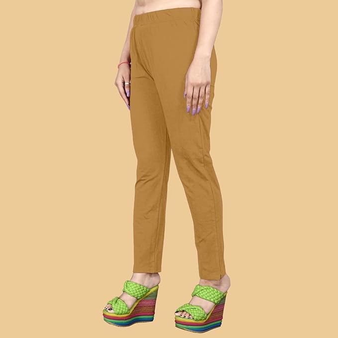Image of Women's Solid Cotton Lycra Pants-High Waist Slim Fit Stretchable Leggings - Comfortable Long Trousers for Casual, Office & Everyday Wear