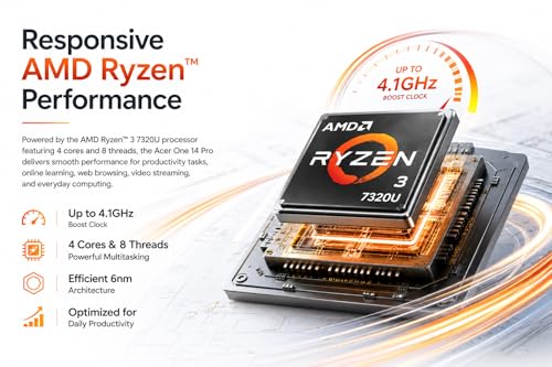 Image of Acer One 14 Laptop Z14-55M | 14 inch HD Display | AMD Ryzen 3 7320U | 8GB LPDDR5 RAM | 256GB NVMe SSD | Windows 11 | Thin & Light Design | AMD Radeon Graphics | Silver