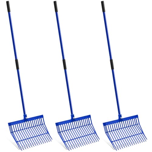 Lasnten 3 Sets Manure Fork with Long Metal Handle Pitch Fork Manure Rake Heavy Duty Muck Rake for Gardening Horse Stall Stable Grass Hay Cleaning Farm Work (Blue)