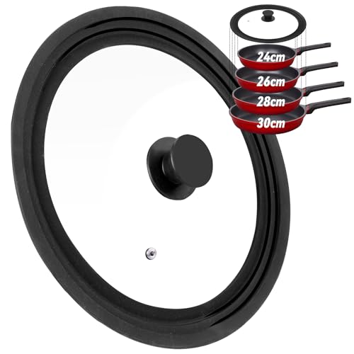 DIIG Coperchio universale Ø 24, 26, 28, 30 cm, coperchio in vetro con bordo in silicone, coperchio per padelle e pentole, coperchio resistente al calore
