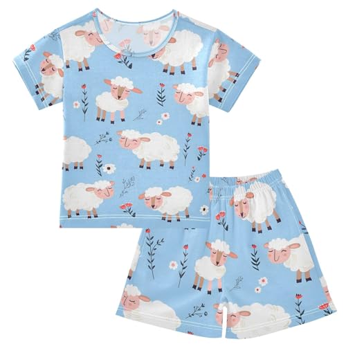 ALAZA Blue Sheep Blossom Pajamas Short Sleeve 2 Piece Sleepwear Top and Bottom Pajama Set Unisex