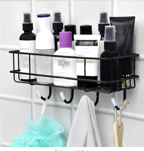 Image of Metal Storage Shelf with Hooks, Wall-Mounted No-Drill Self-Adhesive Rack for Bathroom & Home Organization, Multipurpose Shelf Organizer, Set of 2