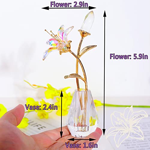 Ornalrist Crystal Lily Flower Collectible Figurine Gifts for Women Mum Glass Lilium Floral with Metal Stem Crystal Vase for Wedding Valentine's Day Party Home Ornament Decor (Clear) - Image 4
