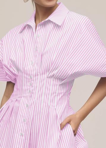 Image of Women Summer Short Sleeve Button Front Pleated Shirt Dress Striped Collar V Neck Casual Y2k Swing Short Mini Dress