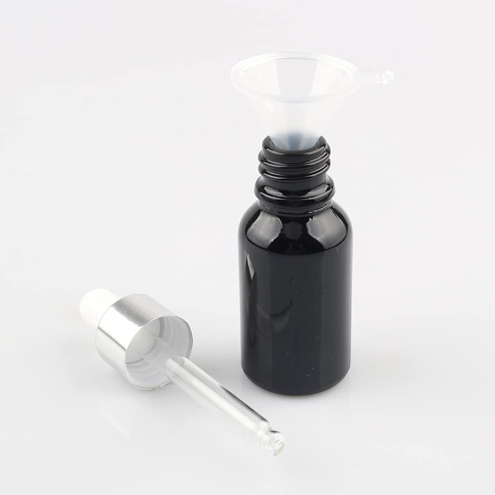 24 Stück 15ml Glänz schwarz Pipettenflasche Tropfpipetten mit Silber Pipettenring für Ätherisches Öl,Aromatherapie, Massage, Duftöl Probe, chemische Flüssigkeit + 4x Trichter