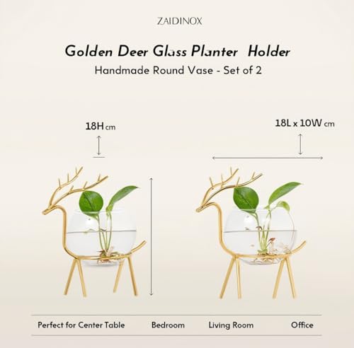 Image of Glass Planter Holder Deer Flower Pot,Round Vase Handmade for Home Decor - Center Table, Bedroom, Living Room and Office Decor Gold Design (Set of 2)