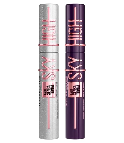 Maybelline New York Sky High Lash Sensational Máscara de pestañas Space Diamond con Cepillo Flexible y Efecto Brillo + Cherry Sky Garantiza Volumen y Alarga las Pestañas Color Morado - Set de 2
