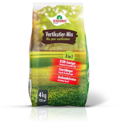 VERDURMAX 4 kg Vertikutier-Mix 3in1 RSM Nachsaat mit Startdünger & Bodenaktivator Rasendünger für schnelle Rasenregeneration nach dem Vertikutieren dichter grüner Rasen