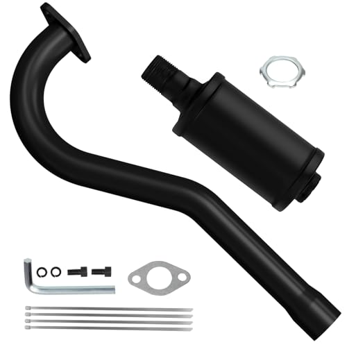 Image of Central Long Mini Bike Exhaust Header Pipe with Muffler Kit Compatible with GMB100 Coleman CT100U 79cc 3HP Engine 154F 3.0HP Predator 98cc GPS Rascal 98 Lite Minibike Parts Black