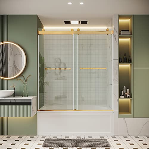 Bathtub Shower Door, 56-61" W x 66" H, SGCC-Certified 3/8" (10mm) Clear Tempered Glass, Frameless Double Sliding Shower Door, Stainless Steel Brushed Gold Finish