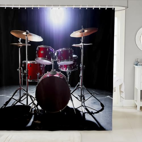 Image of Drum Kit Shower Curtain for Girls Boys Children Rock Music Themed Bathroom Shower Curtain Set Decorative Musical Pattern Drum Set Bath Curtain Popstar Party Waterproof Bathroom Curtains 72x78 Inch