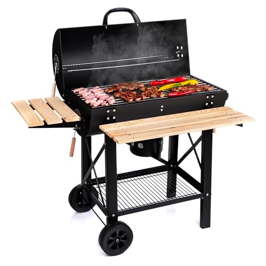 LEHMANN Barbecue a Carbonella con Griglia XL, Carrello Grill con Due Ripiani in Legno, Coperchio, Ruote, Manico non Riscaldante, Griglia a Carbone per Giardino, Terrazza, Campeggio
