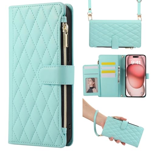 Étui iPhone 17 Pro Max menthe : portefeuille en cuir à rabat et poche zippée