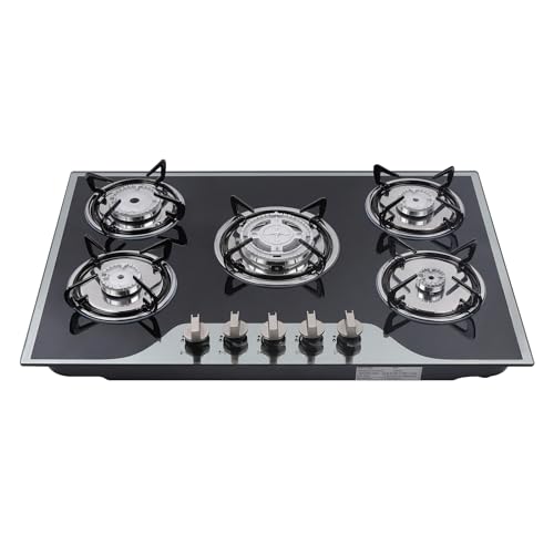 36" Gas Cooktop LPG/NG, 5 Burners Gas Stove Gas Hob Stovetop, Built-in Gas Stove Top, Thermocouple Protection, Stainless Steel Gas Hob with Power Boil, Simmer, Continuous Grates, 5 Burner Silver