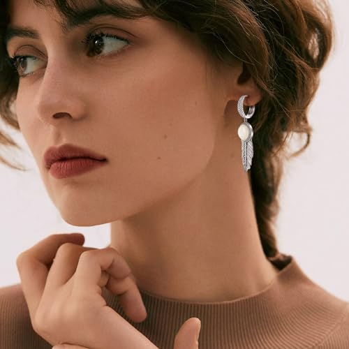 Feather Earrings for Women with 10mm Round Moss Agate/Moonstone/Mother of Pearl 925 Sterling Silver Dangle Earrings Lever Back Drop Earrings Jewelry Gifts for Her3