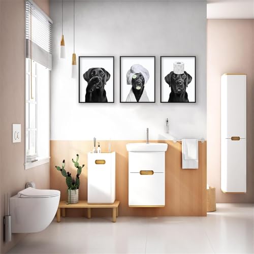 Uixxducc 3 Stück Poster Badezimmer Bilder Badezimmer Deko Bilder ohne Rahmen lustige Hund Wanddeko Bild WC Toilette Deko Schwarz Weiß Wandbilder (21×30 cm)