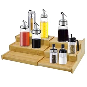 EATAKWARD Spice Rack Organizer, 3 Tier Expandable Spice Holder Kitchen Cabinet Spice Organizer Natural and Solid Bamboo Step Shelf Organizer SpiceTray Set for Cupboard, Countertop, Pantry