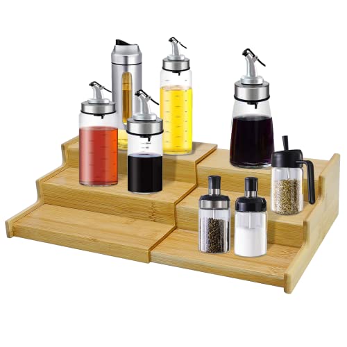 EATAKWARD Spice Rack Organizer, 3 Tier Expandable Spice Holder Kitchen Cabinet Spice Organizer Natural and Solid Bamboo Step Shelf Organizer SpiceTray Set for Cupboard, Countertop, Pantry