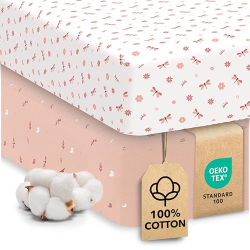 Image of Cotton Crib Sheets 2 Pack – Sweety Fox Mini Fitted Sheets for Baby Boys and Girls, Soft Jersey Knit for Crib or Toddler Bed, Dragonfly Print