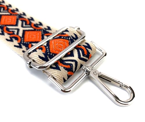 Image of Ivory Orange Boho Diamond Purse Strap with Silver Hardware 2 Inch Wide Replacement Crossbody Guitar Style Shoulder Strap for Handbags Totes