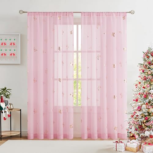 Jubilantex Pink Butterfly Sheer Curtains Gold Print Drapes for Baby Girls Nursery, Kids Bedroom 84 Inch Long Toddler Linen Textured Curtain Rod Pocket Window Treatment Sets, 2 Panels