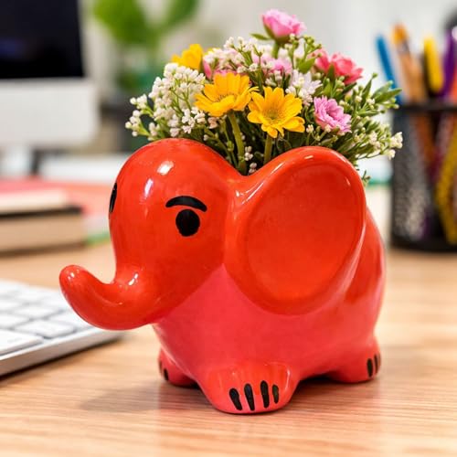 Image of Ceramic Elephant Shape Flower Vase & Succulent Planter (6-inch) | Cute Elephant Pot for Home Decor, Living Room, Office Desk & Gifting | Water-Resistant Vase for Natural Flowers (2, Orange)