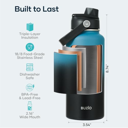 Image of BUZIO Insulated Stainless Steel Water Bottle 32 oz with Straw & Spout Lids