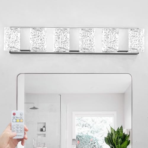 Image of Modern 6-Lights Bathroom Vanity Lighting, Chrome Crystal LED Bathroom Light Fuxtures over Mirror, Art Deco Dimmable Wall Sconce, Crystal Bathroom Light, Acrylic Hardwired Wall Lamp(H4.33in, L22.64in)