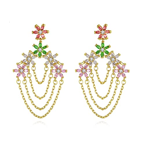 Boucles d'oreilles fleur en zirconium et chaîne pour femme avec dos à friction