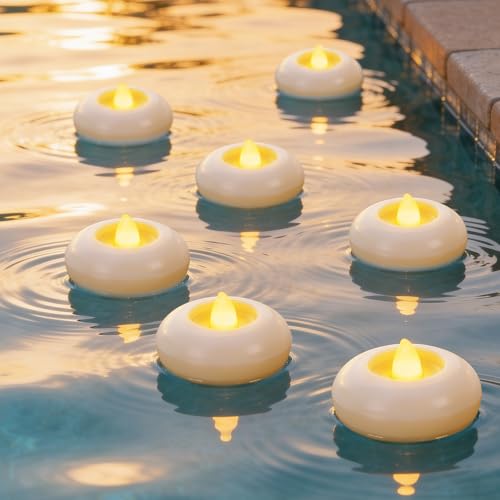 AMAGIC 2 inch Waterproof Outdoor Floating Candles Battery Tealights Flameless Electric Fake Indoor Candle Long Last 200+Hour for Pool Garden Pond SPA Cylinder Vases Wedding Decor 24 Pack