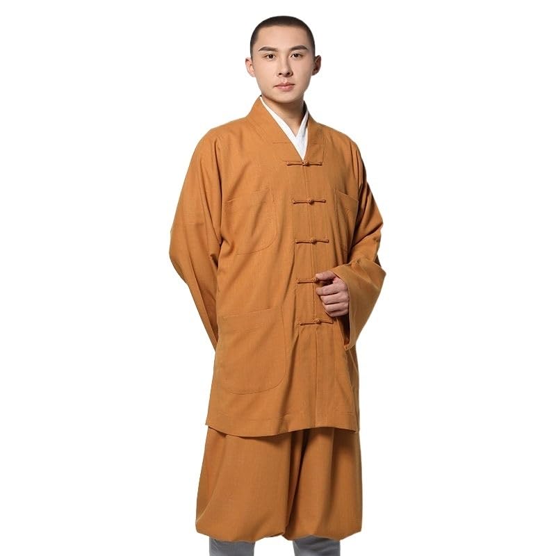 SFNIOKFG Chinese Shaolin Monk's Robe Traditional Male，Monk's Uniform Shaolin Monk's Dress，Kung Fu Suits Meditation Robe (Color : Tan, Size : 161-164cm)