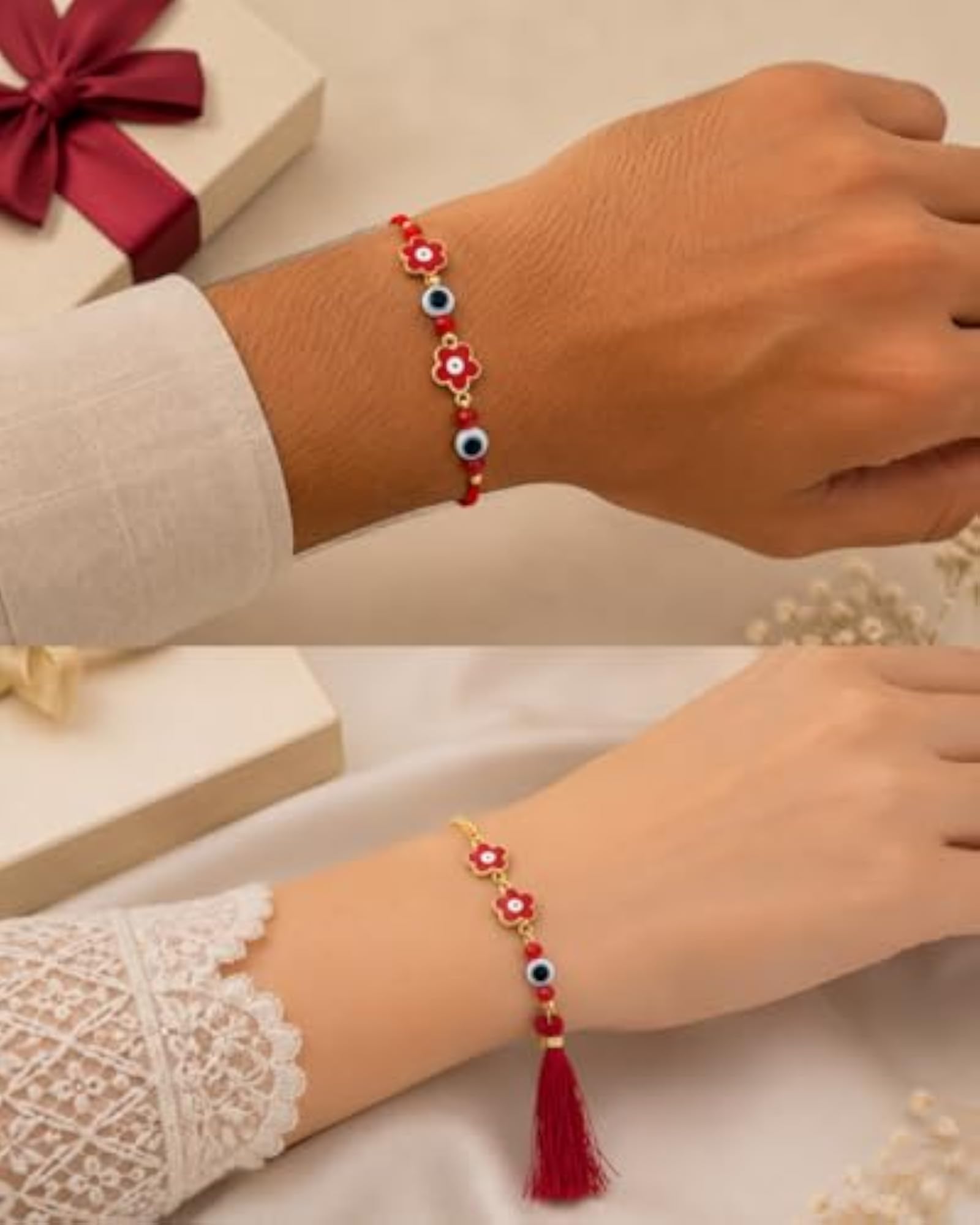 Handcrafted Floral Evil Eye Couple Rakhi Set