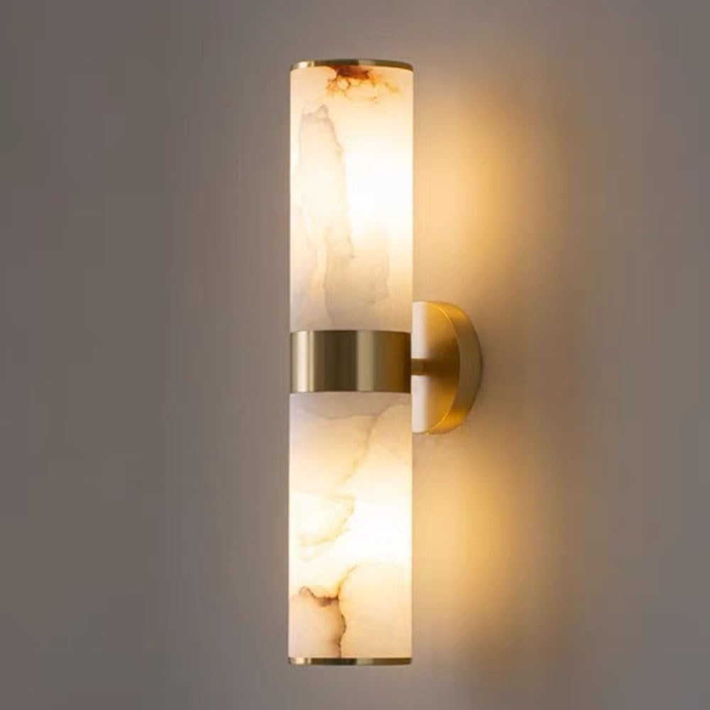 FEITENGDA Modern Cylindrical Marble Wall Sconce Minimalist Gold Finish Brass Accent Wall Lamp Indoor Bedside Decor Wall Light Fixture for Living Room Bedroom Hallway Stair