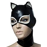 xxoiuw Black Latex Hood with White Cat Ears Back Zipper Open Eyes Mouth Rubber Mask Cosplay Club Wear Costume (Medium)