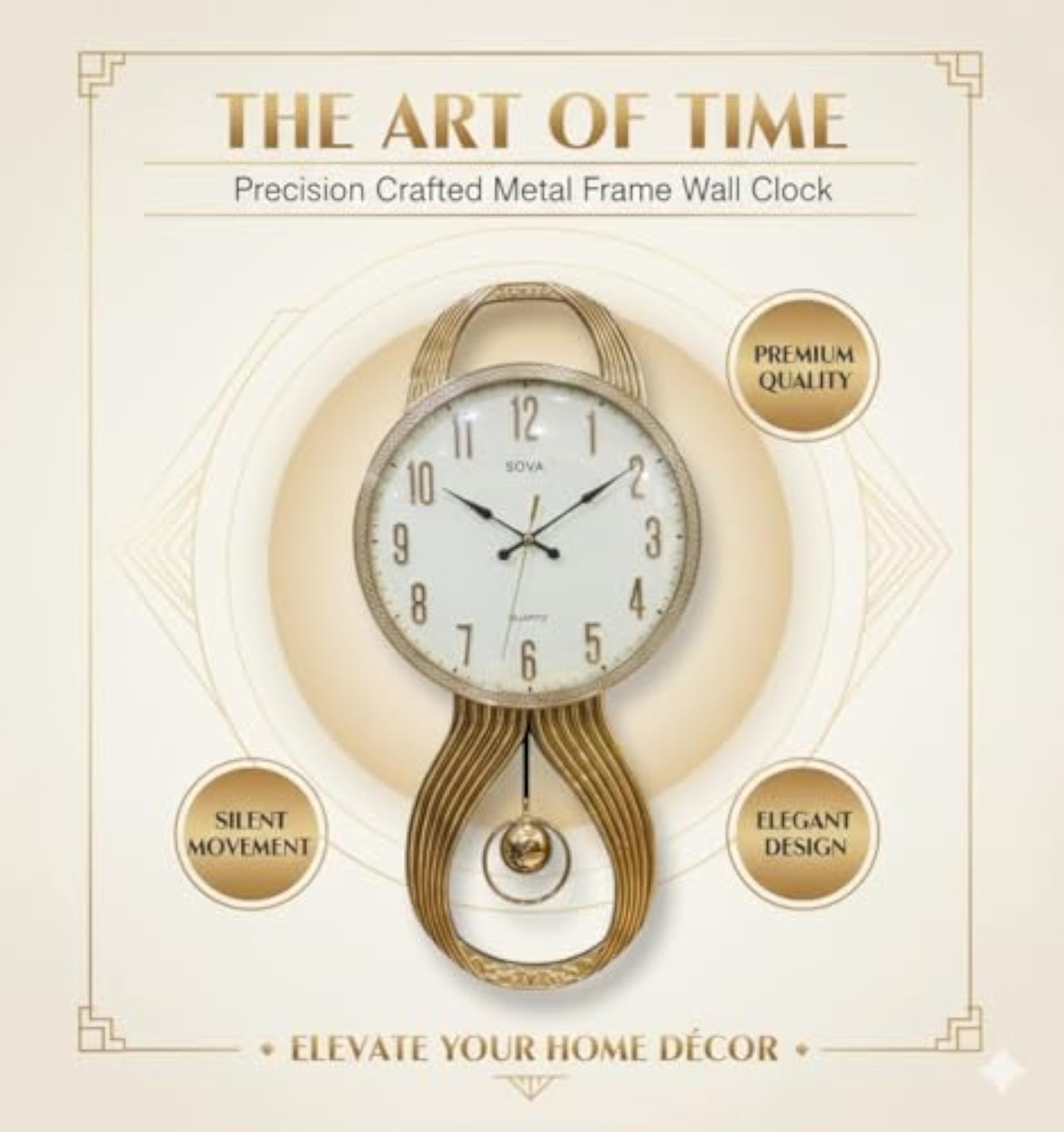 Stylish Pendulum Wall Clock, 26x13 Inch, Gold Frame