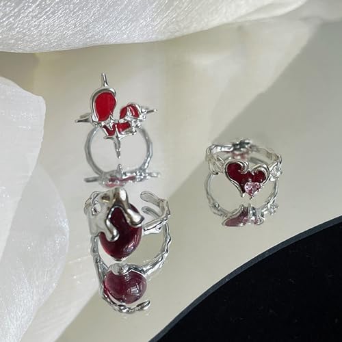 Josphlies Silver Y2K Rings Jewelry,Punk Heart Ring With Ruby,Irregular Molten Liquid Design Stacking Rings Set For Women Girls,Crystal Birthstone Rings,Women'S Personalized Statement Rings Gift thumb #5