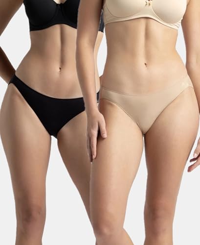 Image of Jockey 1803 Women's Medium Coverage Micro Modal Elastane Stretch Bikini with Concealed Waistband and StayFresh Treatment (Pack of 2) Black & Skin XXL
